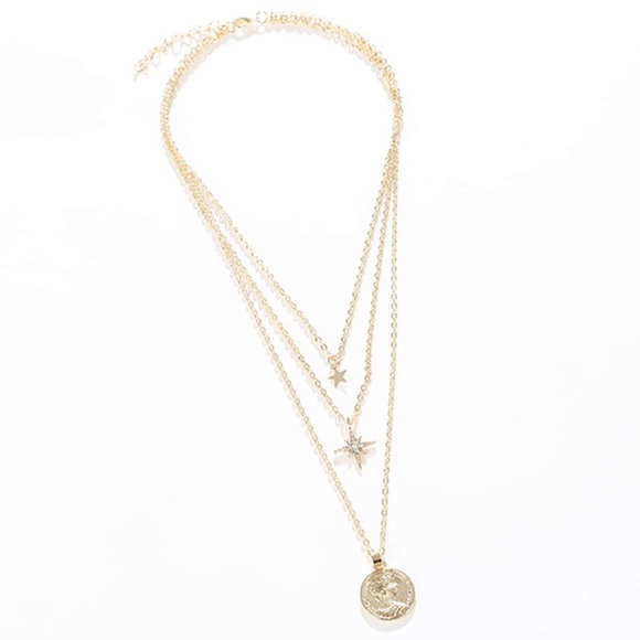 Round Coin & Star Charm Layered Necklace Gold - Picture 3 of 3